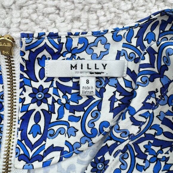 Milly V Neck Blue Print Dress Pockets - Picture 4 of 13